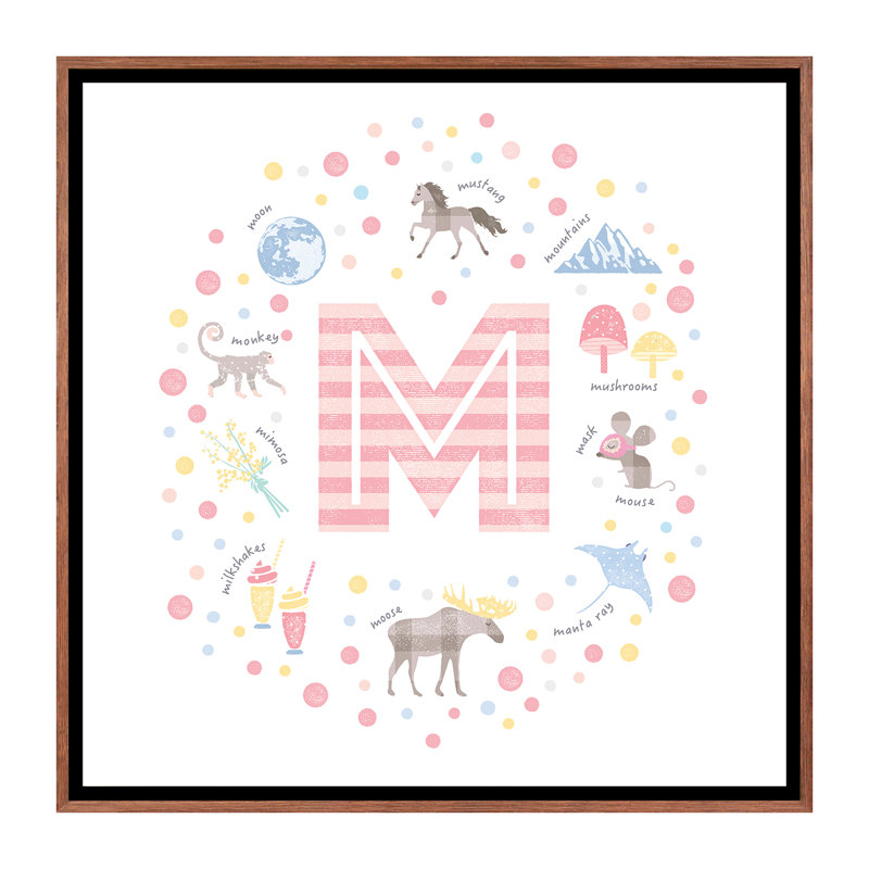 Lettre illustrée M rose - impression, Toile avec cadre brun, Aucun mat, H 18 po x l 18 po x 1,5 po
