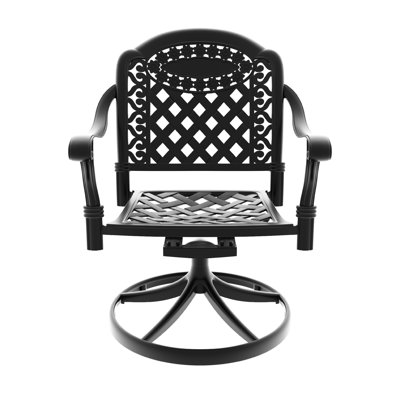 All-Weather 7 Cast Aluminum Dining - 6 Swivel Chairs & Rectangular Black Table, Charming Carving Designs, Excellent Weather Resistance, Comfortable Seating System, 360-Degree Ability, Cushions,