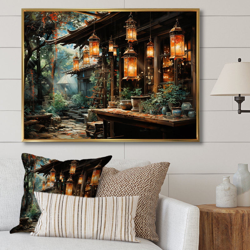 Japon Art Paper Lantern Glow IV - Japanese Canvas Wall Art, H 34 po x l 44 po x P 1,5 po, Cadre flottant doré