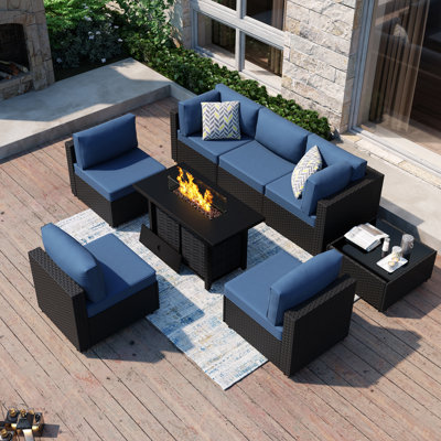 Emanie 6-Person Wicker Outdoor Seating Group with Cushions and Fire Pit