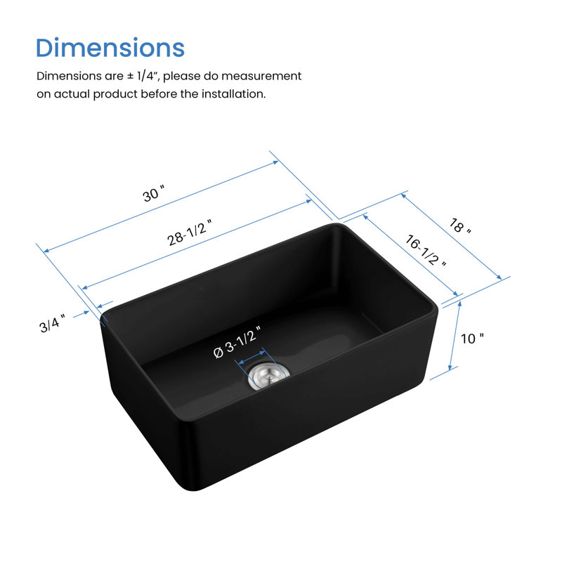 Single Bowl Fireclay Kitchen Sink, 18" H x 30" W x 10" D