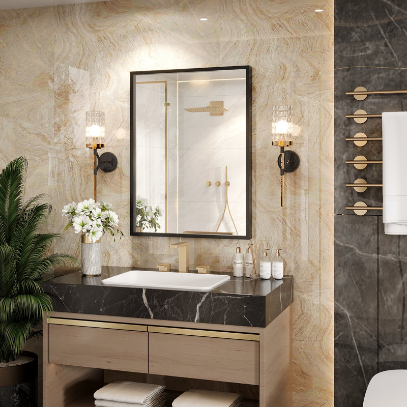 Molly Tempered Glass and Metal  Alloy Square-Corner Framed French Cleat Mounted Wall Bathroom / Vanity Mirror, 32" x 24"