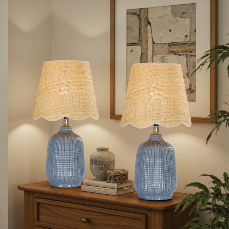 Kokenos Ceramic Table Lamp With Scallop Shade, Navy Blue