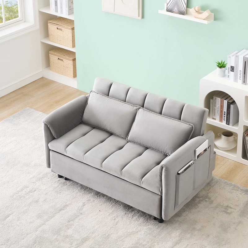 52" Modern Velvet Sofa Bed - 3-In-1 Convertible with Pillows & Side Pockets, Gray