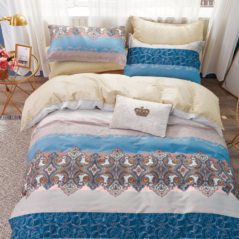 Hannah Blue and Red Damask Cotton Reversible King Comforter Set