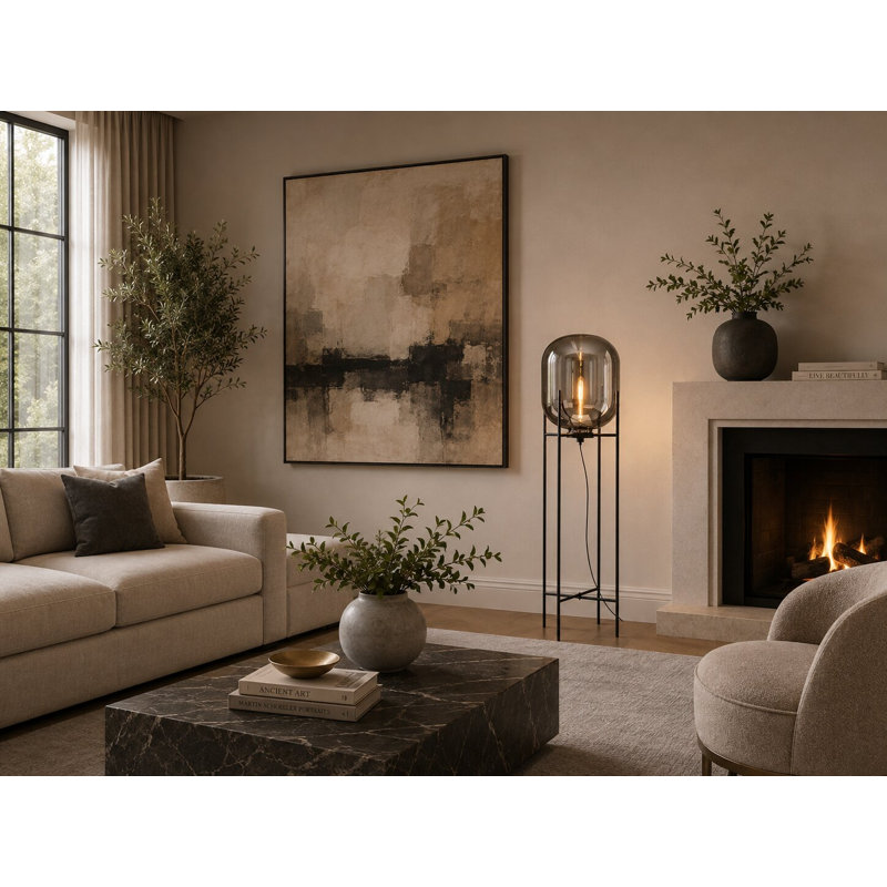 1-Light Matte Black Floor Lamp With A Smoke Glass Shade