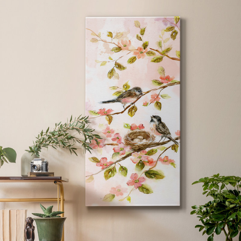 «Blush Birds II», peinture sur toile tendue, H 40 po x l 20 po x P 1,5 po