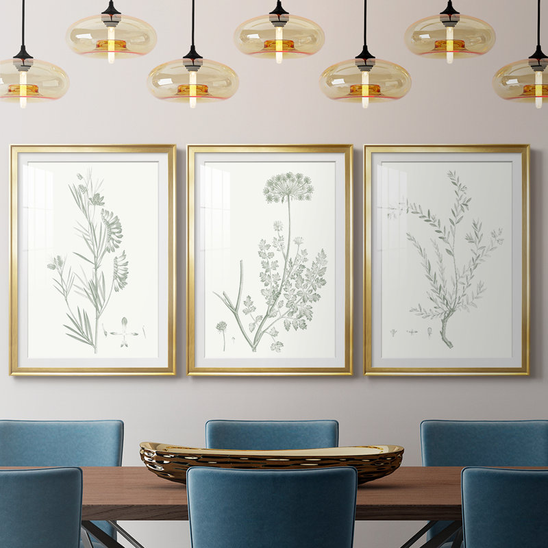 Étude botanique en sauge - impression encadrée de qualité supérieure sur mesure matte - 3 pièces, H 15 po x l 19 po, Doré