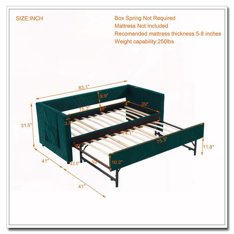 Upholstered Daybed with Trundle,USB Port ,Side Pockets, Emerald