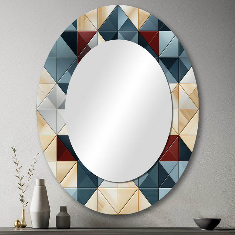 Blue And Grey Cubic Angularity - White Oval Wall Mirror Decor, 43" x 33"