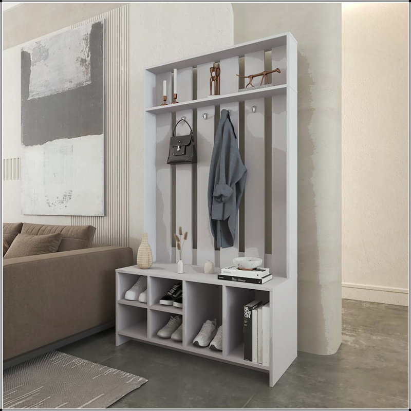 Hall Tree with Shoe Shelves, Coat Hooks, and Storage Compartments