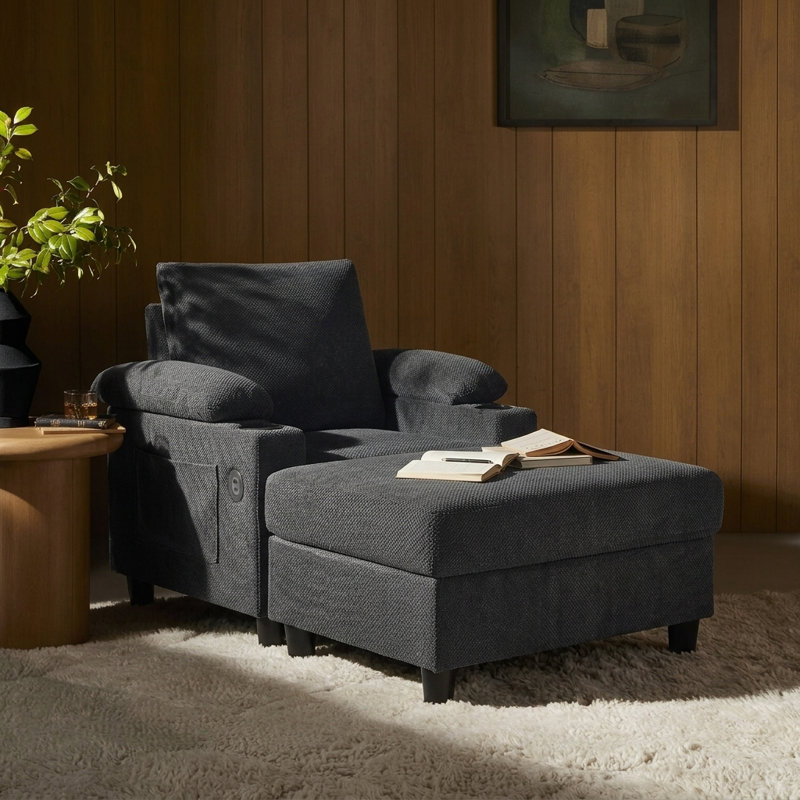 Chaise longue inclinable, fauteuil d'appoint et repose-pieds Havenly, Gris foncé
