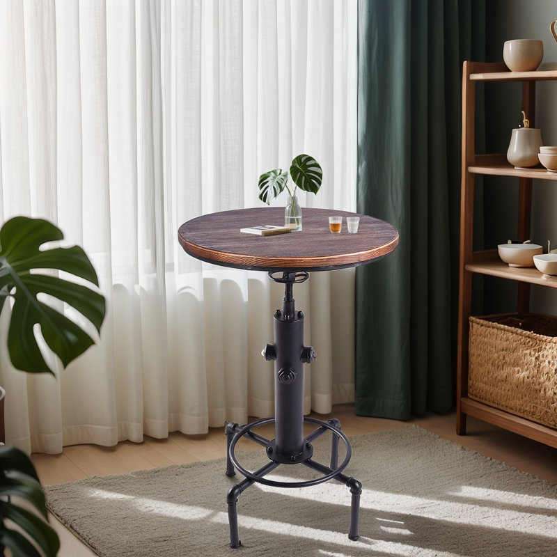 Anguel Pine Round Solid Wood Top Metal Base Dining Table, Brown/Black