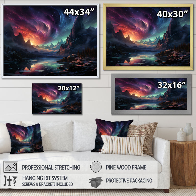 Northern Lights Luminescent Symphony I - Landscapes Canvas Wall Art, Cadre flottant doré, 16" H x 32" W