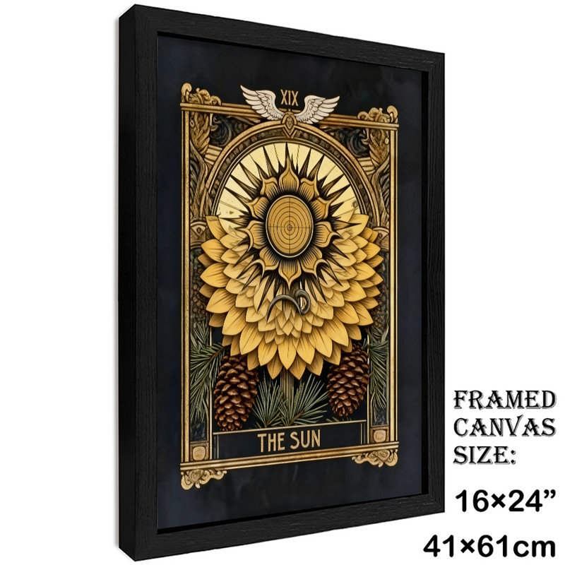 Art mural rétro noir encadré Tarot The Sun - Mystical Boho Spiritual Decor, H 25 po x l 17 po