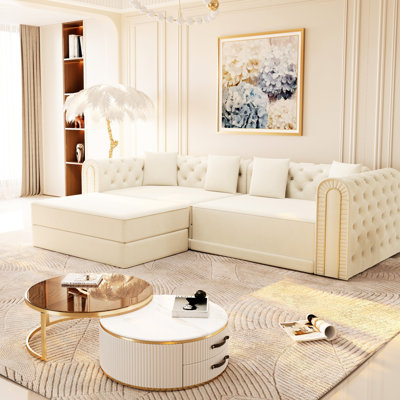 Canapé multifonctionnel 3 places de 230 cm (90,6 po) avec boutons et dossier convertible en velours noir, bordure dorée, beige/blanc, idéal pour les appartements.