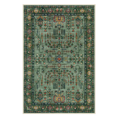  Kaldi Vintage Floral Washable Green 6X9 Area Rugs for Living Room Bedroom, Non Slip Oriental Low-Pile Rug for Entryway Dining Room Carpet