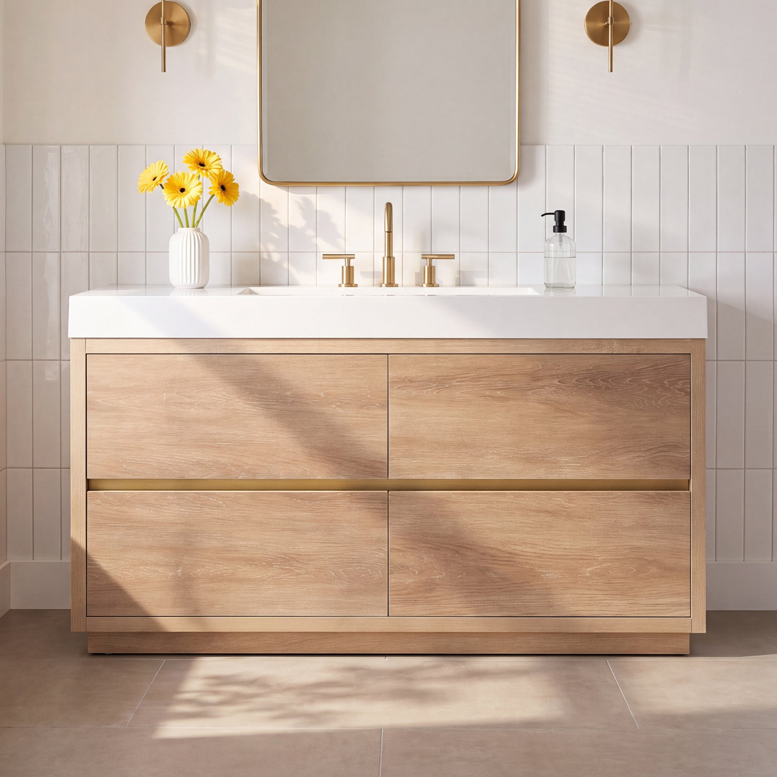 Beira 59.8'' Single Bathroom Vanity, North American Oak, White