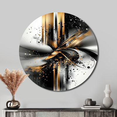 Encre fusion Glam noir - art mural rond moderne abstrait, art mural rond en métal doré