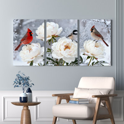 Winter Cardinal And Peony Flowers Canvas Wrapped Wall Art Oil Painting Print Set Of 3