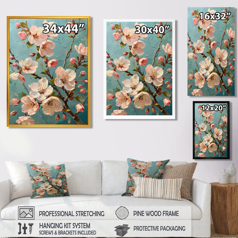 Fleur de cerisier rose - impression d'art mural, Toile encadrée noire simple, H 30 po x l 40 po x P 1,5 po