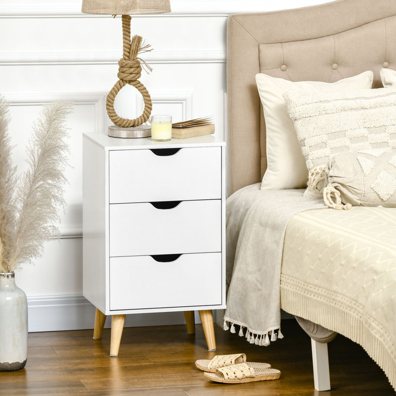 Table de chevet, table de chevet avec 3 tiroirs, pieds en bois, blanc
