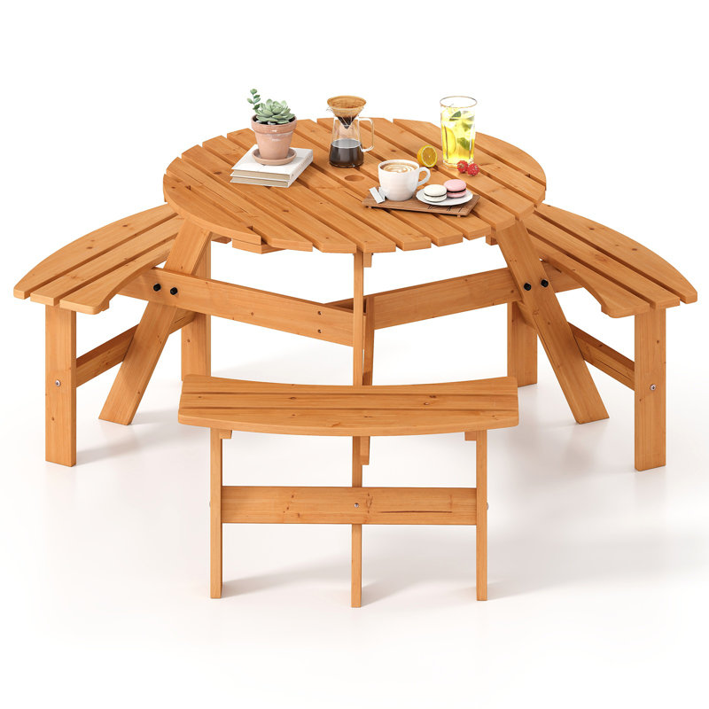 6-person Round Picnic Table Set With 3 Built-in Benches 2" Umbrella Hole, Yellow