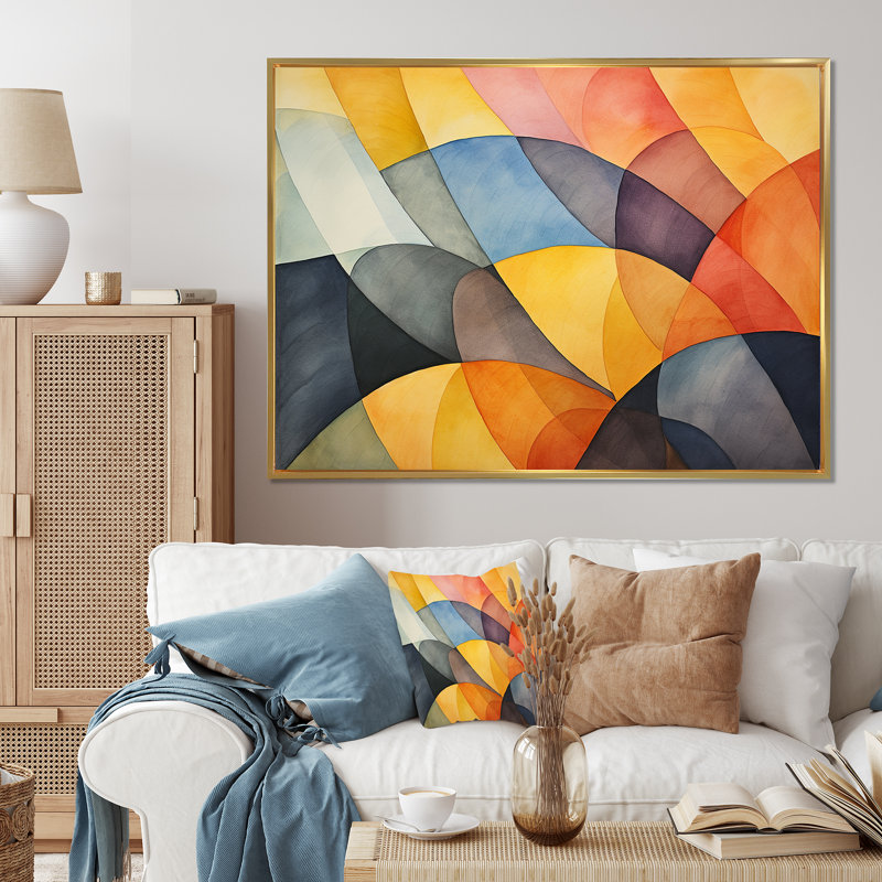 Carreaux géométriques aux couleurs douces II - Art mural géométrique, Cadre flottant doré, H 24 po x l 32 po x P 1 po