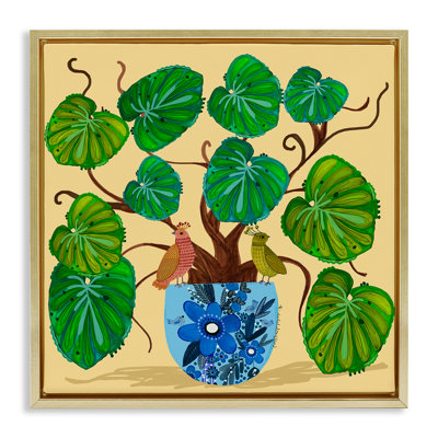 Cadre flottant perché plante et oiseaux en pot, design par Kay Widdowson