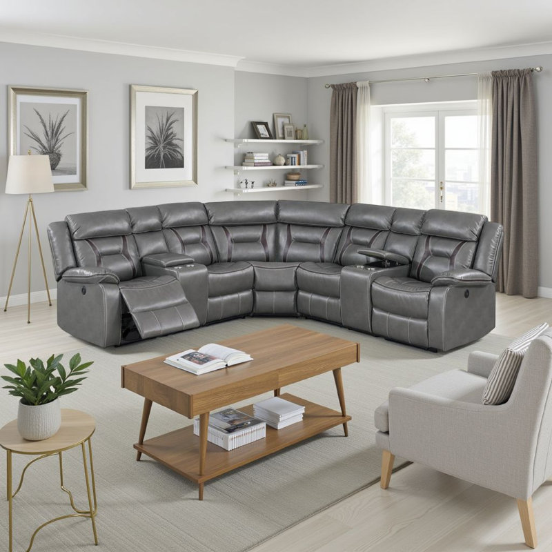 Irissa Vegan Leather Reclining Sectional, Gray Faux Leather