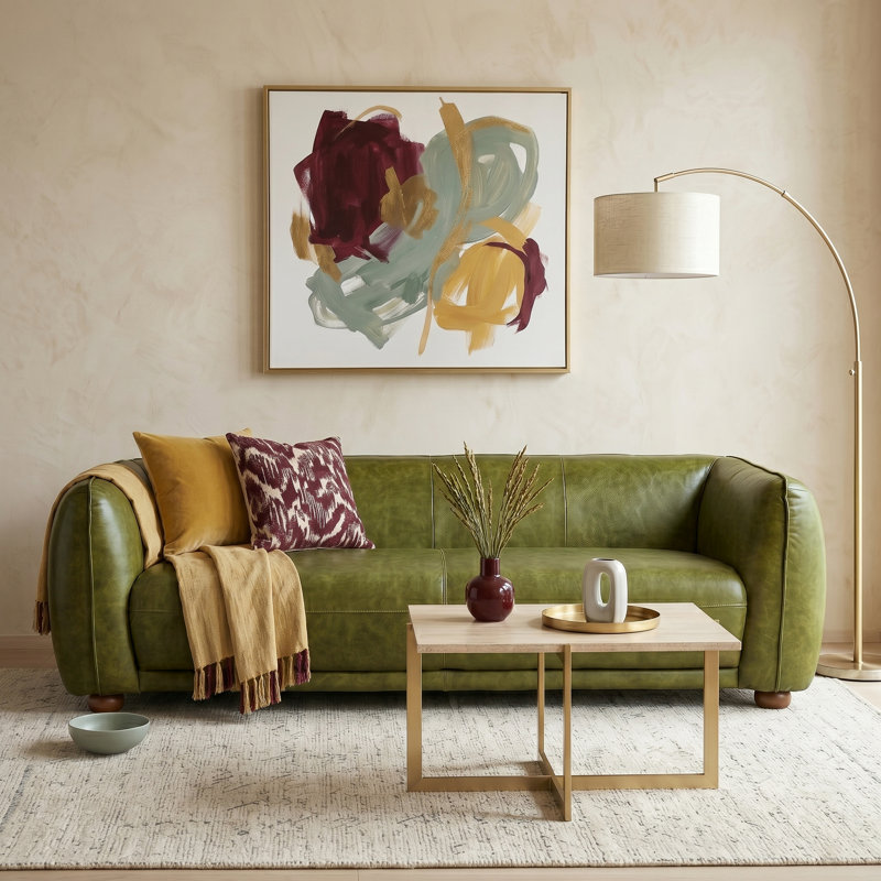 90'' Leather Sofa, Green Genuine Leather