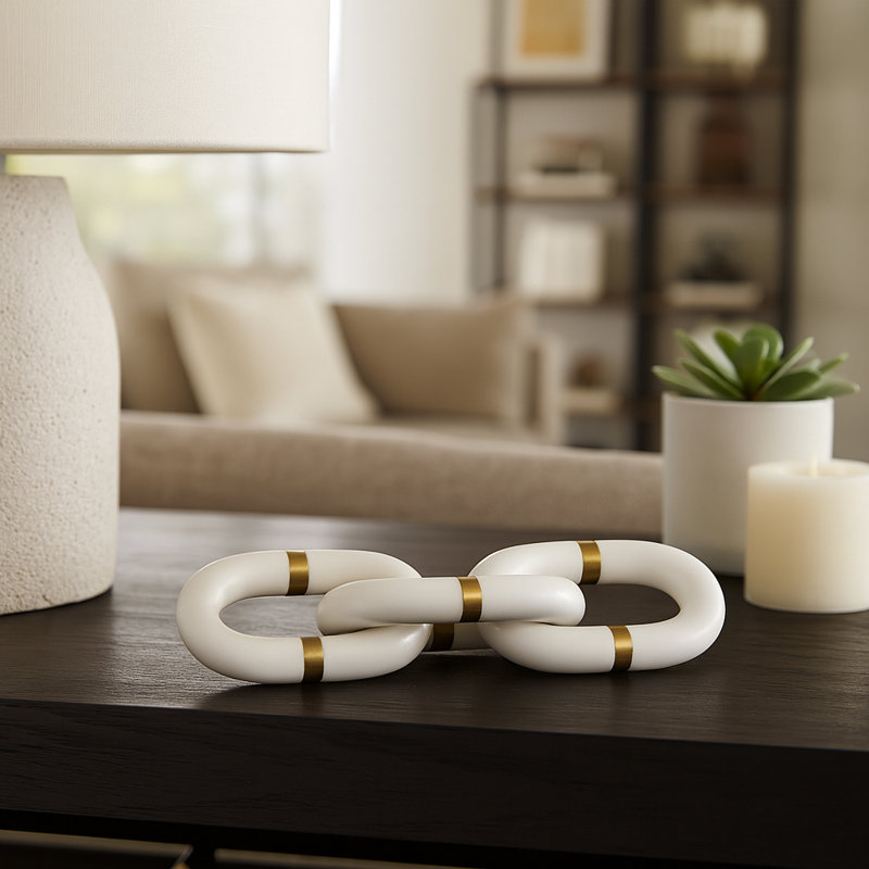 Decorative Marble Chain Link Sculpture for Tabletop Decor - Modern Object for Office Styling, Living Room, or Home Decoration - 14", White & Gold