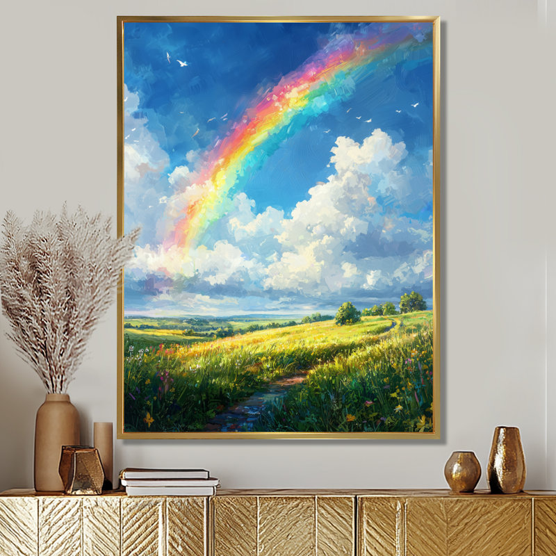 Giancarlos arc-en-ciel dans le ciel d'été - art mural arc-en-ciel, H 20 po x l 12 po, Reproduction avec cadre flottant, Doré