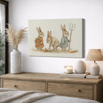 «Vintage Farm Rabbits Harvesting Carrots Illustration», reproduction d'art sur toile encadrée