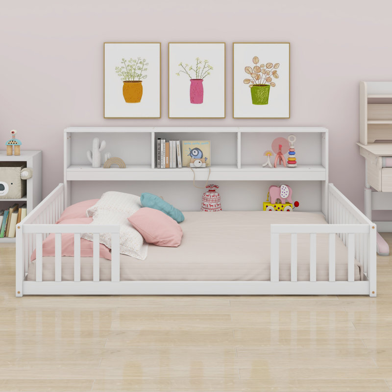 Floor Bed With Side Bookcase,Shelves,Guardrails, White