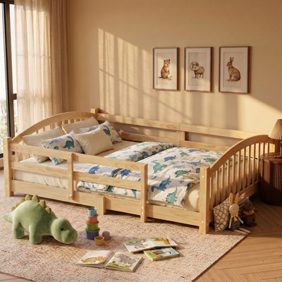 Lit Montessori certifié CPC pour enfants (garçons et filles), en bois massif avec barrières de sécurité, sans porte, facile à assembler, en bois naturel.