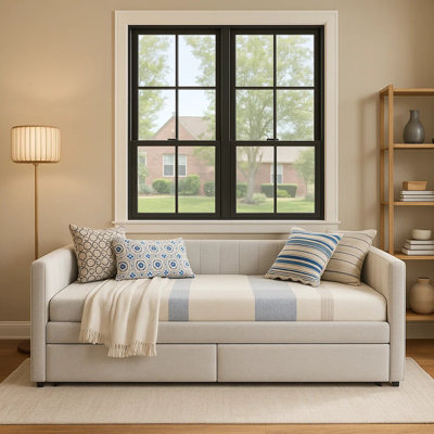 Beige Linen Queen Size Upholstered Daybed with Trundle and 2 Drawers, Vertical Channel Tufted Sofa Bed, 86.5'' L x 65'' W x 30'' H