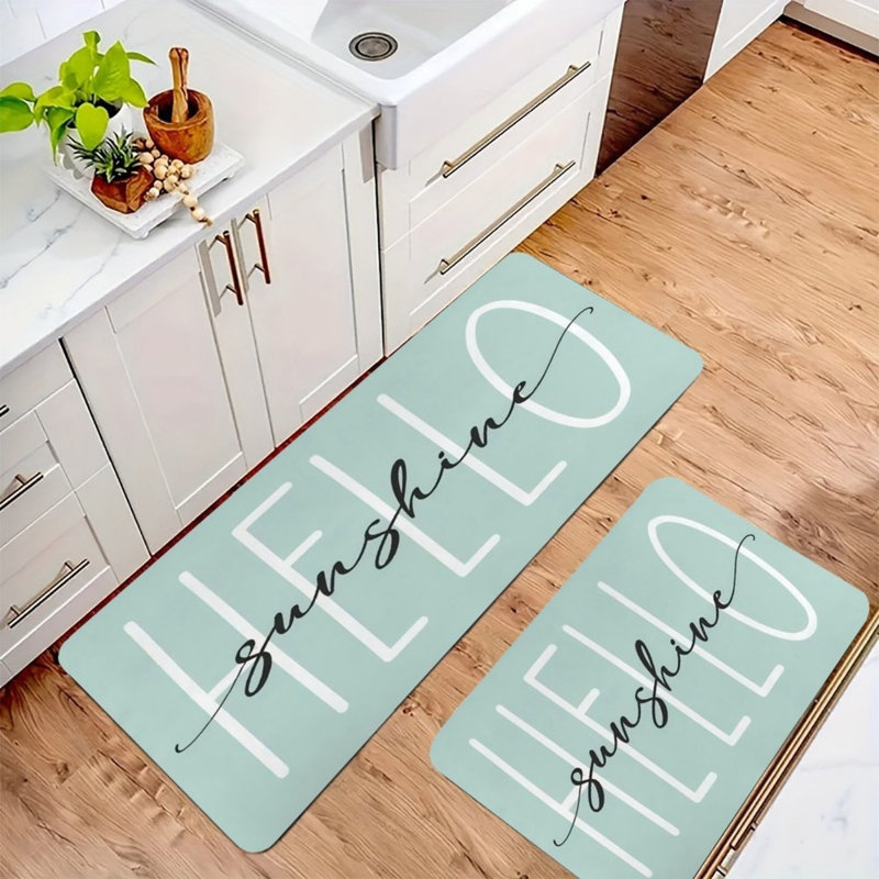 Ensemble de 2 tapis de cuisine à motif de citations Hello Sunshine, blanc menthe