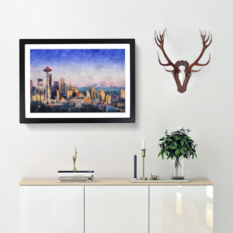 Seattle Skyline - Picture Frame Painting Print, 62cm H x 87cm W x 2cm D, Black Framed