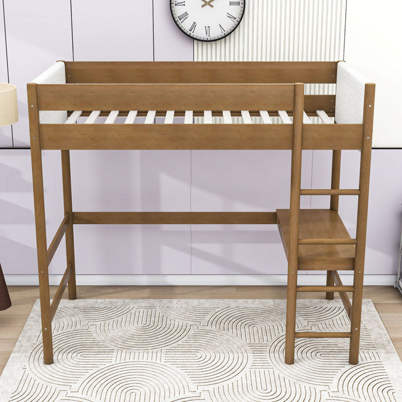 Teddy Upholstered Twin Wood Loft Bed With Desk, Ladder And Guardrails