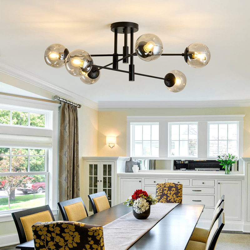 6-lights Glass Globe Sputnik Chandelier, 12.2" H x 33.46" W x 33.46" D, 6 Lights