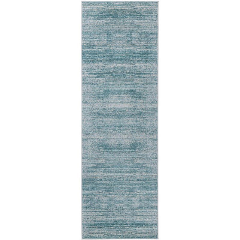 Tapis uni / rayé de couleur turquoise-ivoire Adelgunde, Tapis de couloir 2 pi 7 po x 8 pi