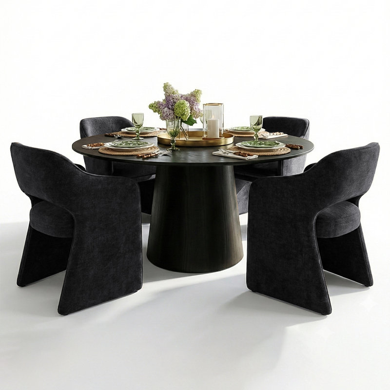 4 - Person Dining Table Sets With Round Table & 4 Upholstered Chairs, Black, Black
