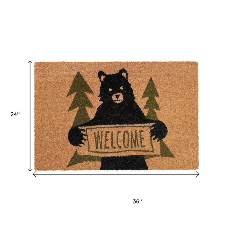 36" Natural And Black Coir Bear Outdoor Door Mat