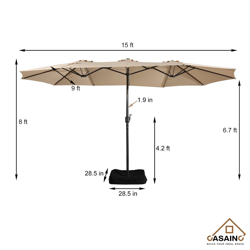 Tan Double-Sided Rectangular Market Umbrella with Iron Base
