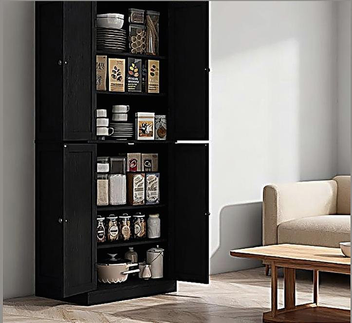 Armoire de cuisine, armoire de cuisine autoportante, armoire de rangement avec portes et tablettes, Noir