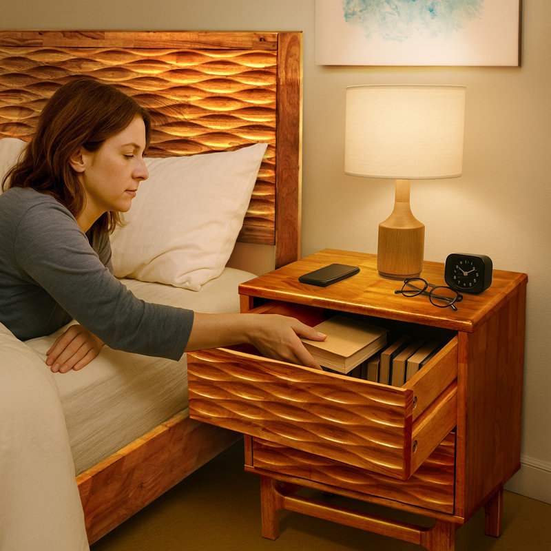 Elara Solid Wood 2-Drawer Nightstand with Carved Wood Grain – Mid-Century Modern Bedside Table for Bedroom or Living Room, 5 Years Warranty