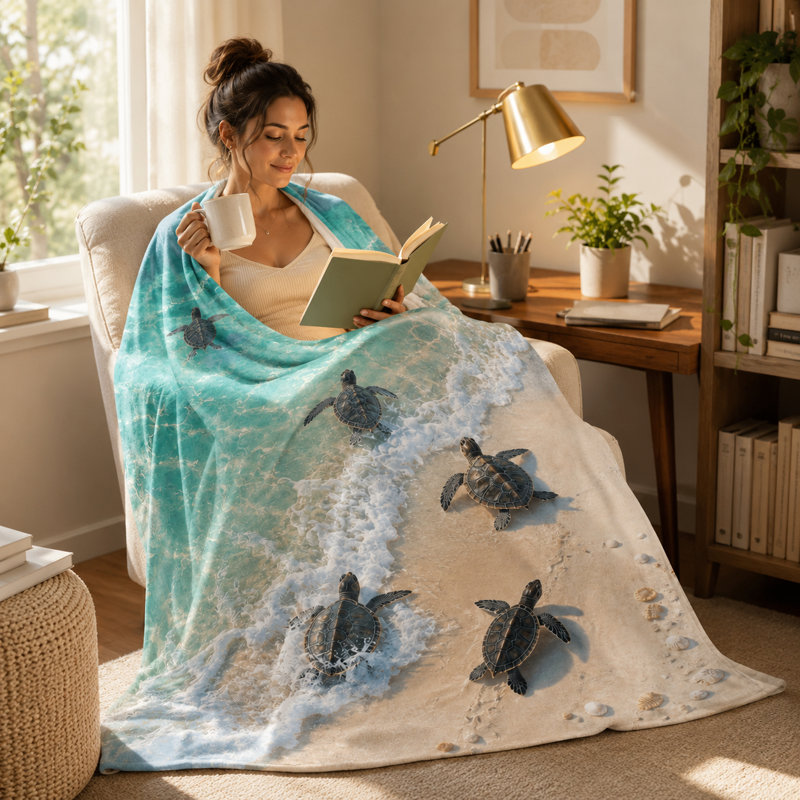 Sea Turtle Shoreline Blanket, Tropical Beach Scene with Ocean Waves, Sand and Shells, Flannel Material for Sofa, Bed, Coastal Room, Reading and Travel, 40 x 50 in
