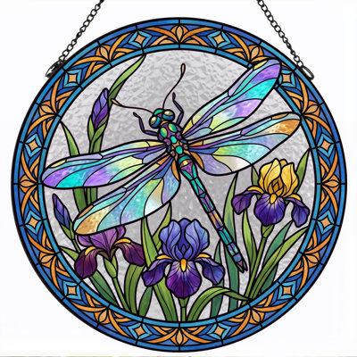 Dragonfly Iris Stained Glass Window Panel，7.8H