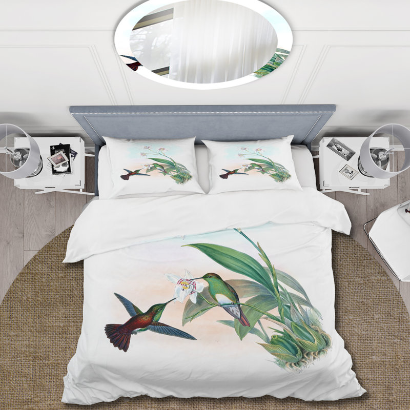 Colibri rétro volant à une fleur - ensemble de housse de couette traditionnel - microfibre de polyester